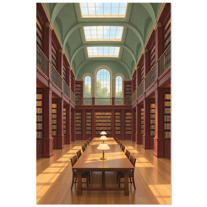 Affiche bibliothèque – La nef de lecture, illustration architecturale / rendu gouache / création numérique verticale, format 30 × 45 cm