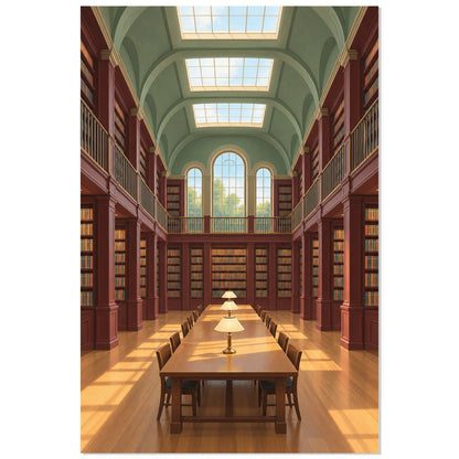 Affiche bibliothèque – La nef de lecture, illustration architecturale / rendu gouache / création numérique verticale, format 40 × 60 cm