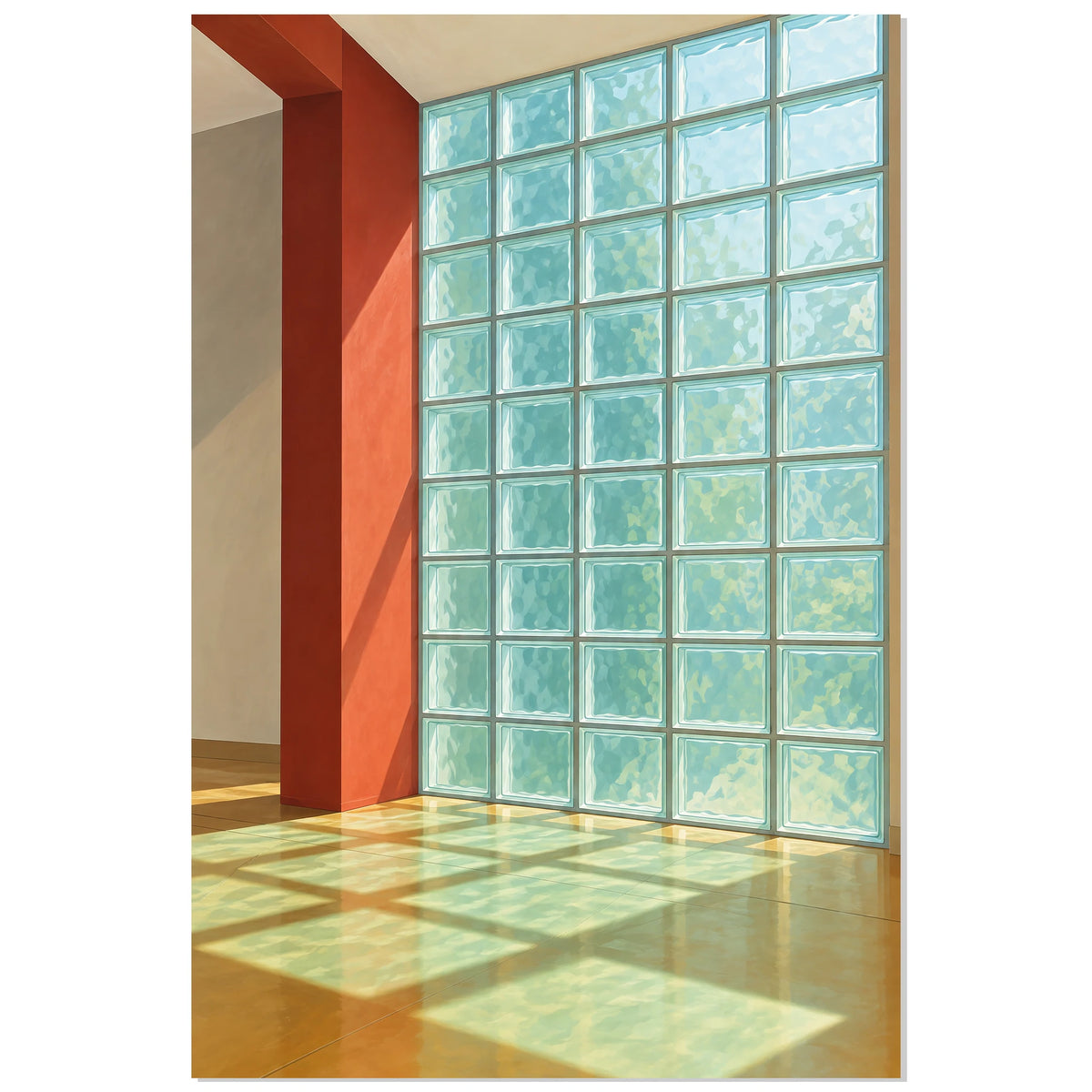 Affiche briques de verre – Reflets turquoise, illustration architecturale / rendu gouache / création numérique verticale, format 40 × 60 cm