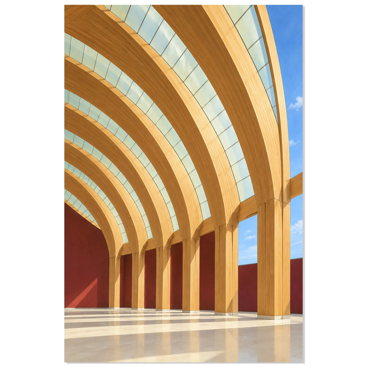 Affiche architecture bois – La courbe lumineuse, illustration architecturale / rendu gouache / création numérique verticale, format 30 × 45 cm