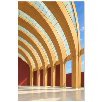 Affiche architecture bois – La courbe lumineuse, illustration architecturale / rendu gouache / création numérique verticale, format 30 × 45 cm