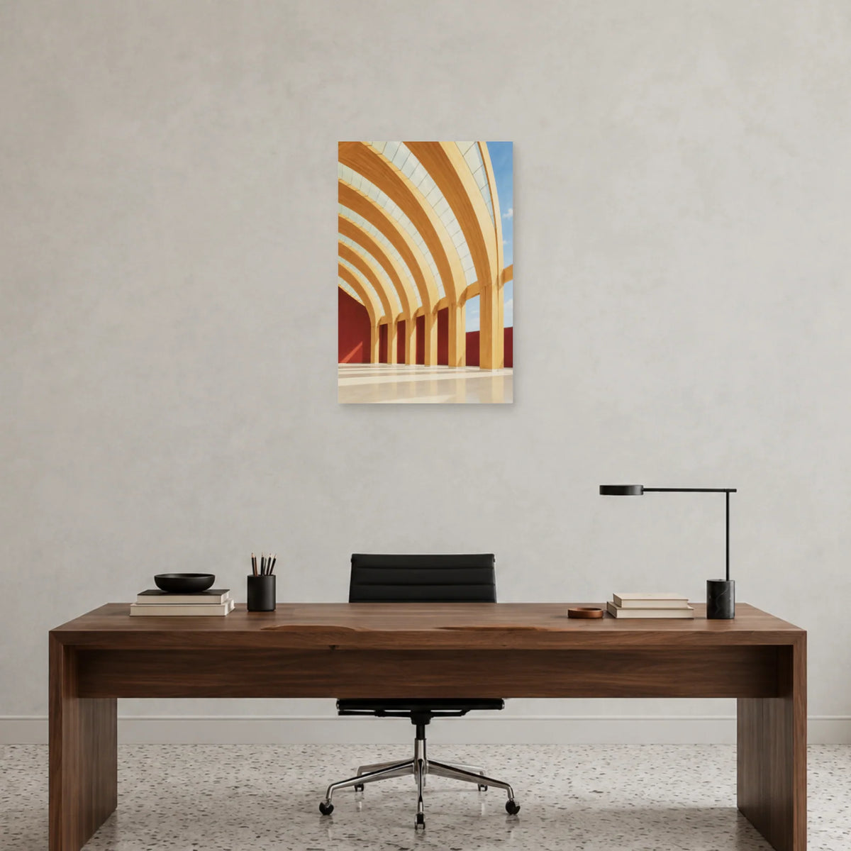 Affiche architecture charpente en bois courbe dans un bureau - Art Virtuoso