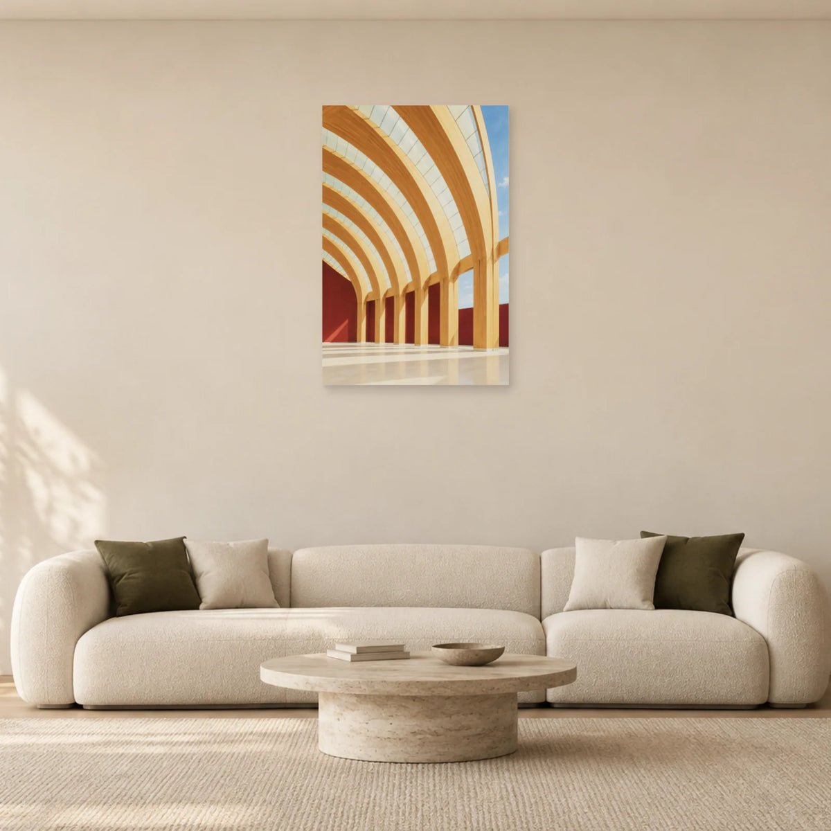 Affiche architecture charpente en bois courbe dans un salon - Art Virtuoso