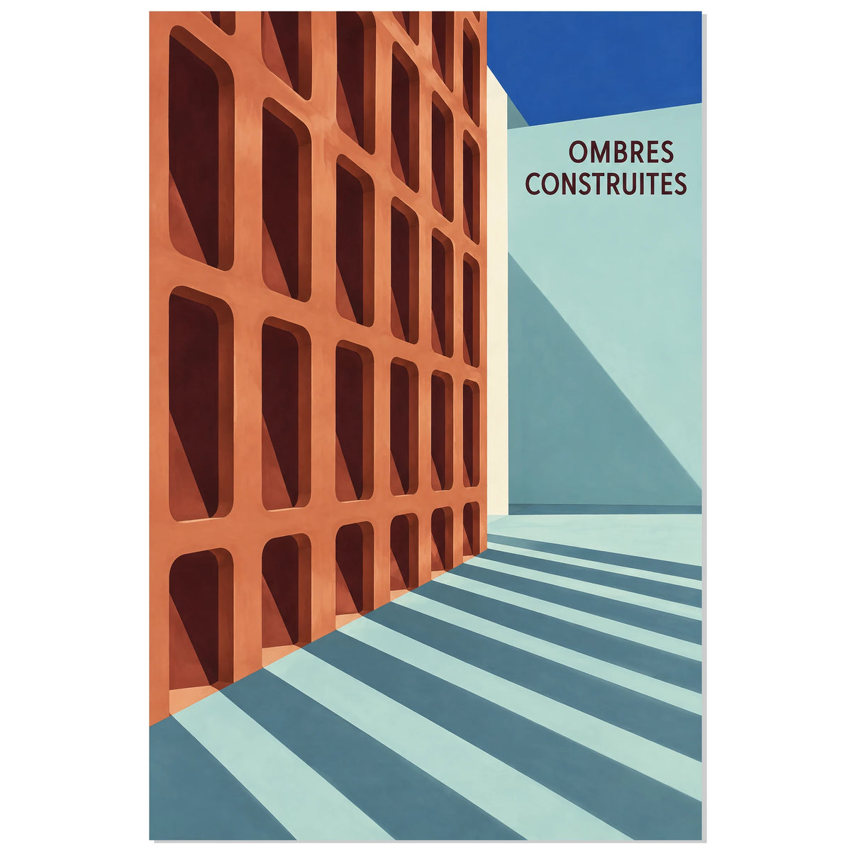 Affiche claustra terre cuite – Ombres construites, illustration architecturale / rendu gouache / création numérique verticale, format 30 × 45 cm