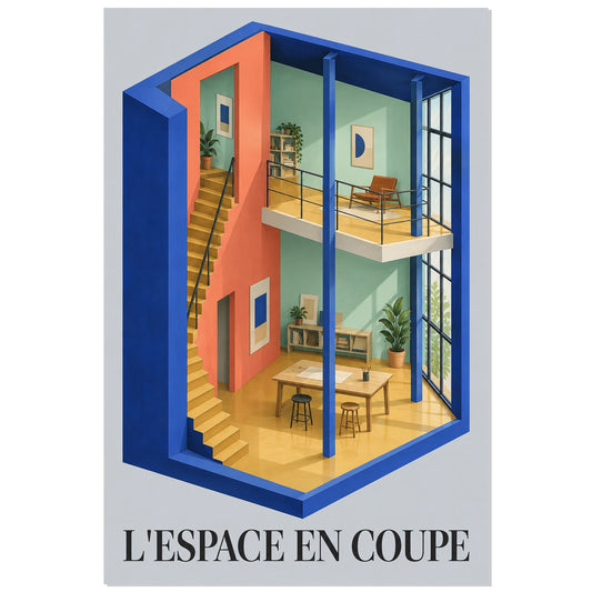 Affiche architecture en coupe – L’espace habité, illustration architecturale / rendu gouache / création numérique verticale, format 30 × 45 cm