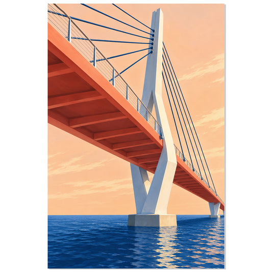 Affiche passerelle à haubans – Horizon corail, illustration architecturale / rendu gouache / création numérique verticale, format 30 × 45 cm