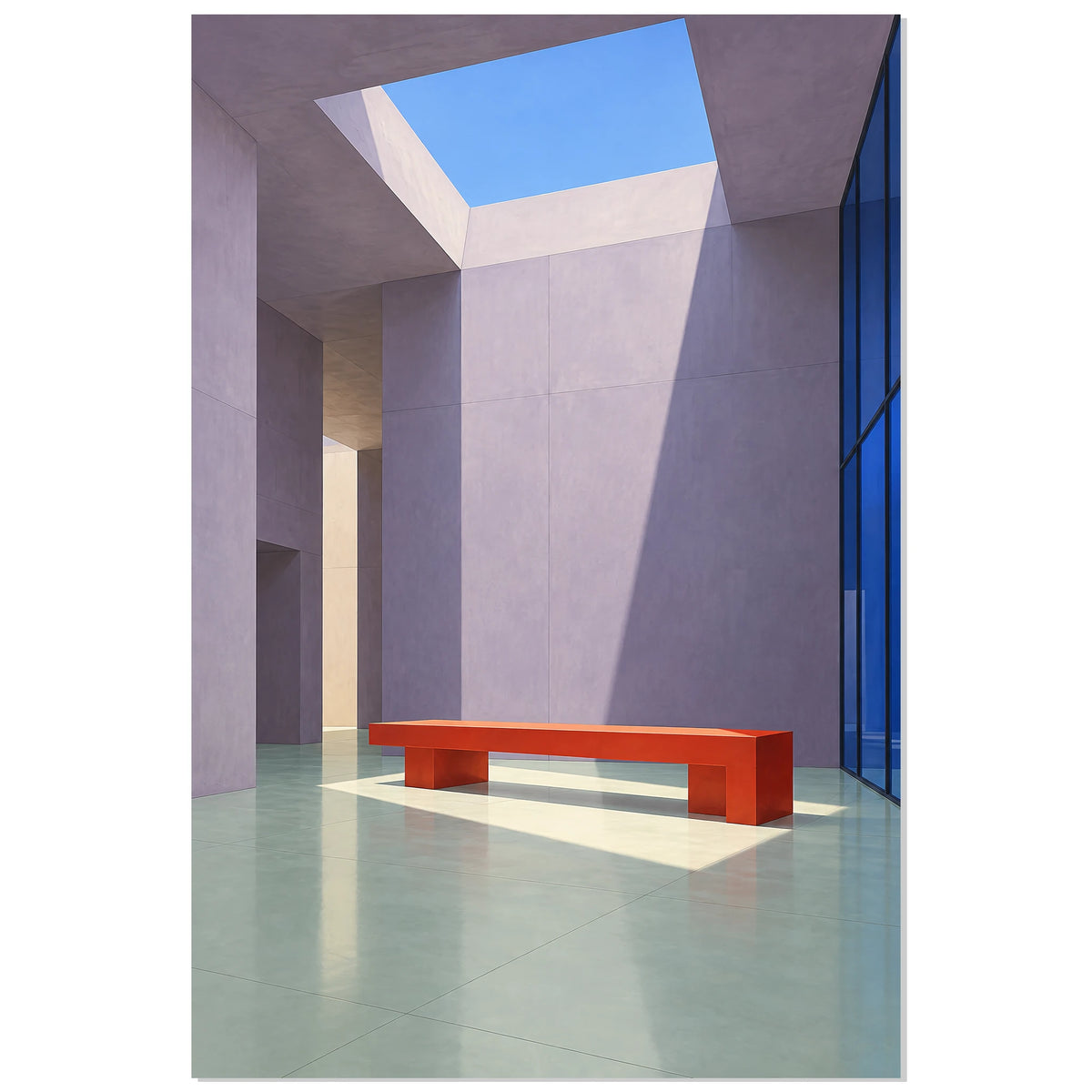 Affiche patio minimaliste – Le banc rouge, illustration architecturale / rendu gouache / création numérique verticale, format 30 × 45 cm