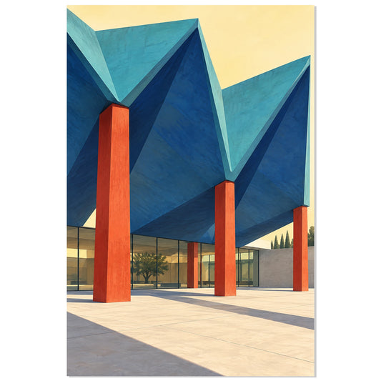 Affiche toiture plissée – Le pavillon bleu, illustration architecturale / rendu gouache / création numérique verticale, format 30 × 45 cm