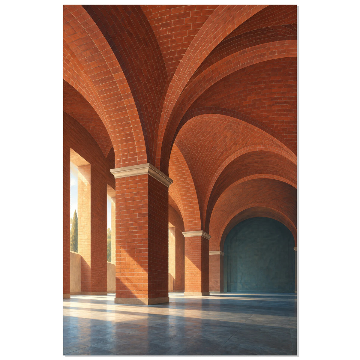 Affiche voûtes de brique – La halle terracotta, illustration architecturale / rendu gouache / création numérique verticale, format 60 × 90 cm