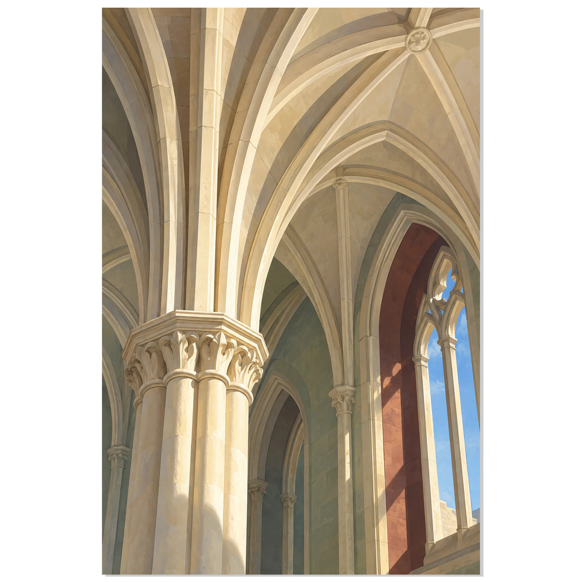 Affiche architecture gothique – Voûtes nervurées, illustration architecturale / rendu gouache / création numérique verticale, format 40 × 60 cm