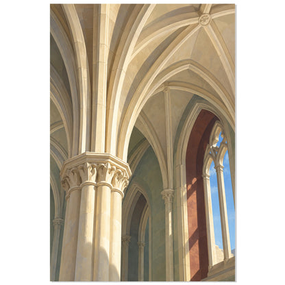 Affiche architecture gothique – Voûtes nervurées, illustration architecturale / rendu gouache / création numérique verticale, format 40 × 60 cm
