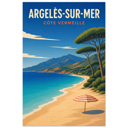 Affiche Argelès-sur-Mer – Côte Vermeille, illustration éditoriale verticale, format 30 × 45 cm
