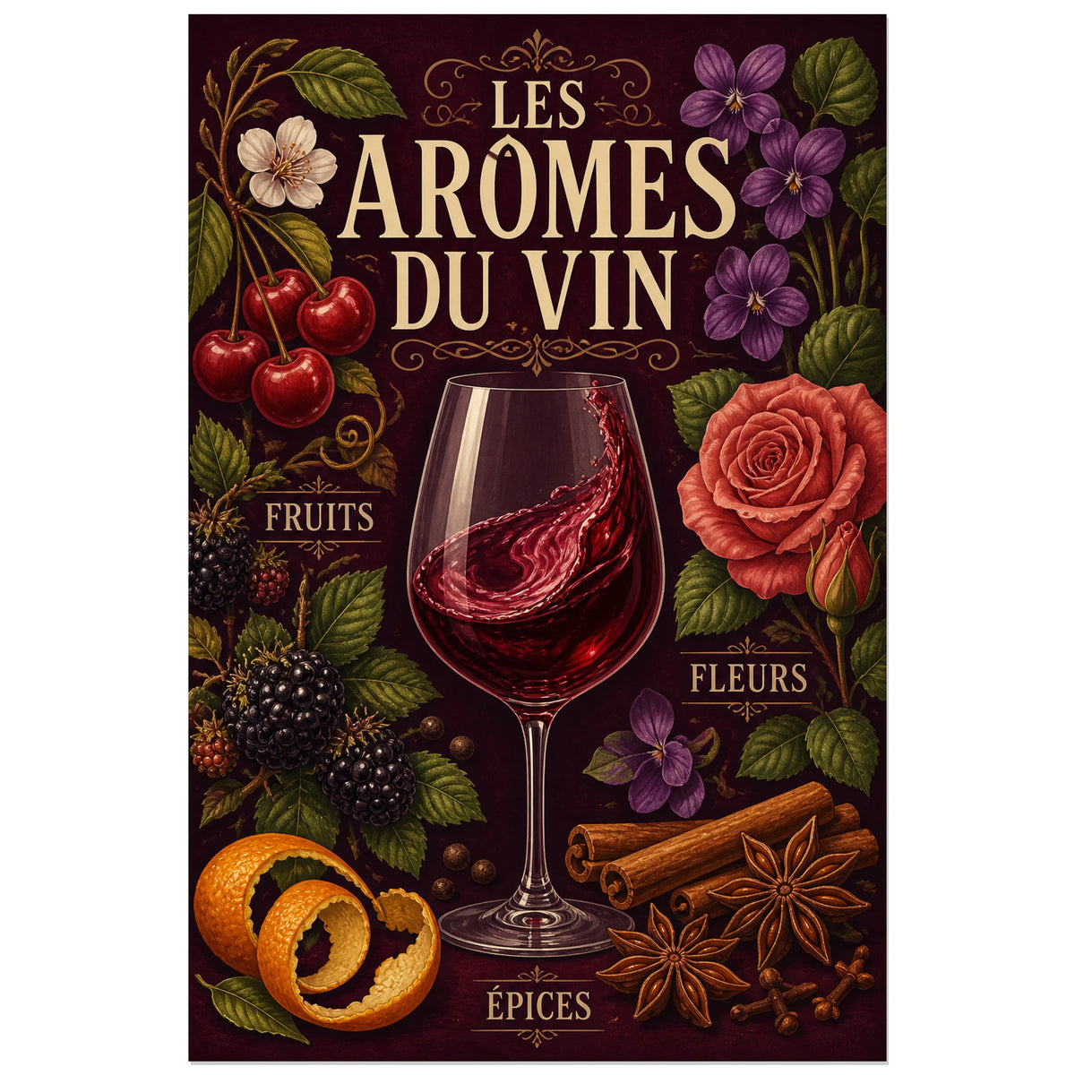 Affiche Les arômes du vin, illustration botanique et gastronomique ornementale verticale, format 30 × 45 cm
