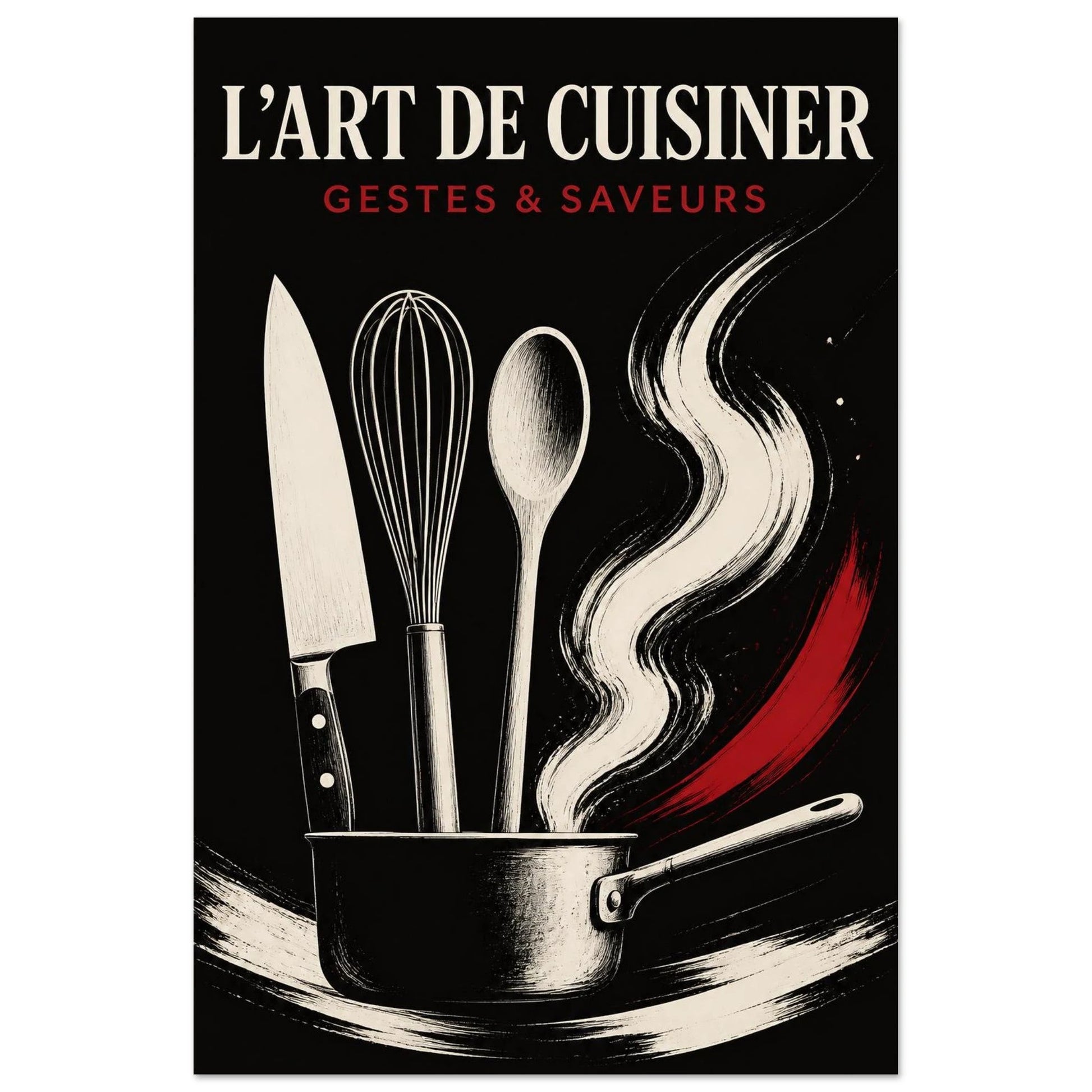 Affiche L’Art de Cuisiner – Gestes & Saveurs, illustration éditoriale verticale, format 30 × 45 cm
