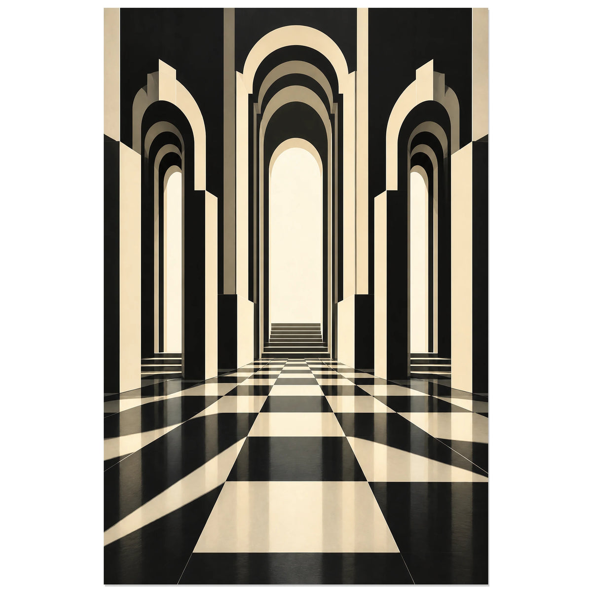 Affiche 40 × 60 cm : damier noir et ivoire conduisant vers des marches lumineuses