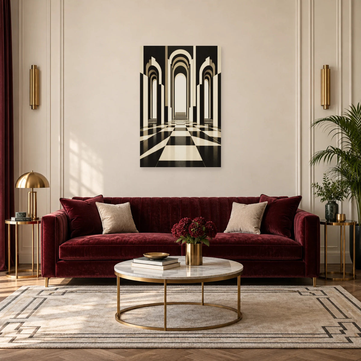 Affiche Art déco - Arcades noir et blanc dans un salon - Art Virtuoso