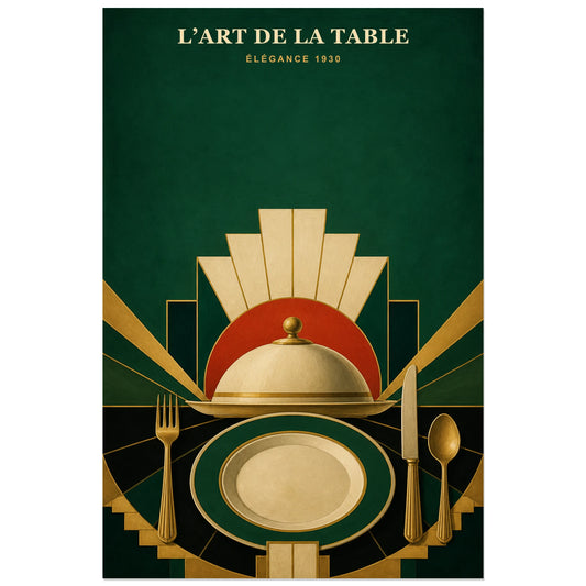 Affiche L’Art de la Table – Élégance 1930, illustration géométrique art déco inspirée des années 1930 verticale, format 30 × 45 cm