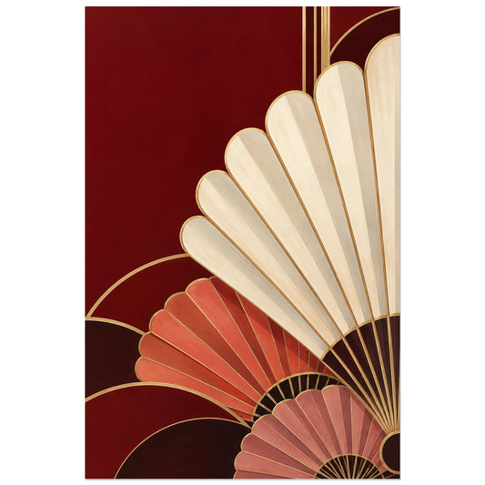Affiche 30 × 45 cm : grand éventail ivoire et deux éventails corail et rose sur fond grenat