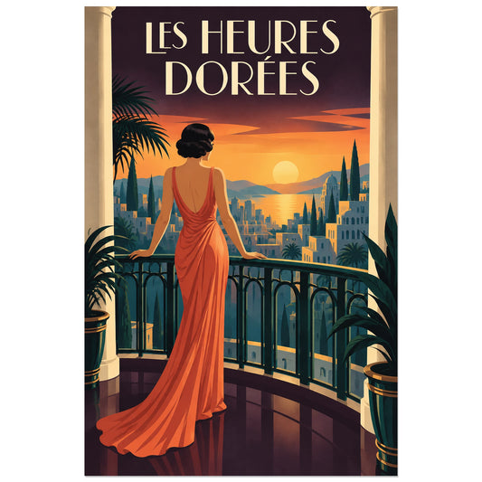 Vue du format 30 × 45 cm : femme de dos à la rambarde face à la baie dorée