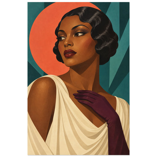 Vue du format 30 × 45 cm : femme aux cheveux ondulés et gant prune près du cou