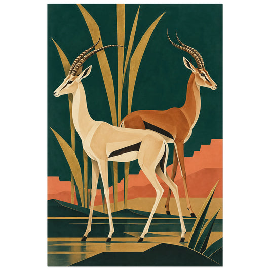 Affiche 30 × 45 cm : gazelle ivoire au premier plan devant une seconde silhouette cuivrée