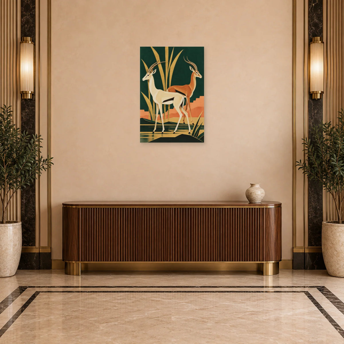 Affiche Art déco - Duo de gazelles jade et ivoire dans une entrée ou un couloir - Art Virtuoso