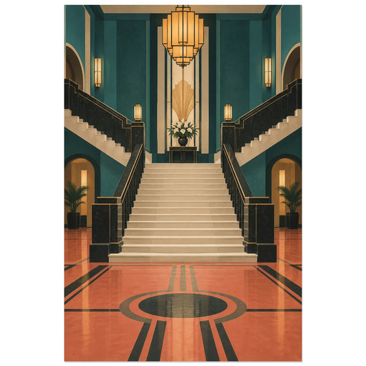 Affiche 30 × 45 cm : vue frontale d'un escalier clair et d'un sol corail à cercle sombre