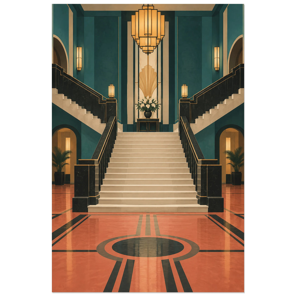 Affiche 40 × 60 cm : lustre géométrique aligné avec un bouquet au palier d'un grand escalier