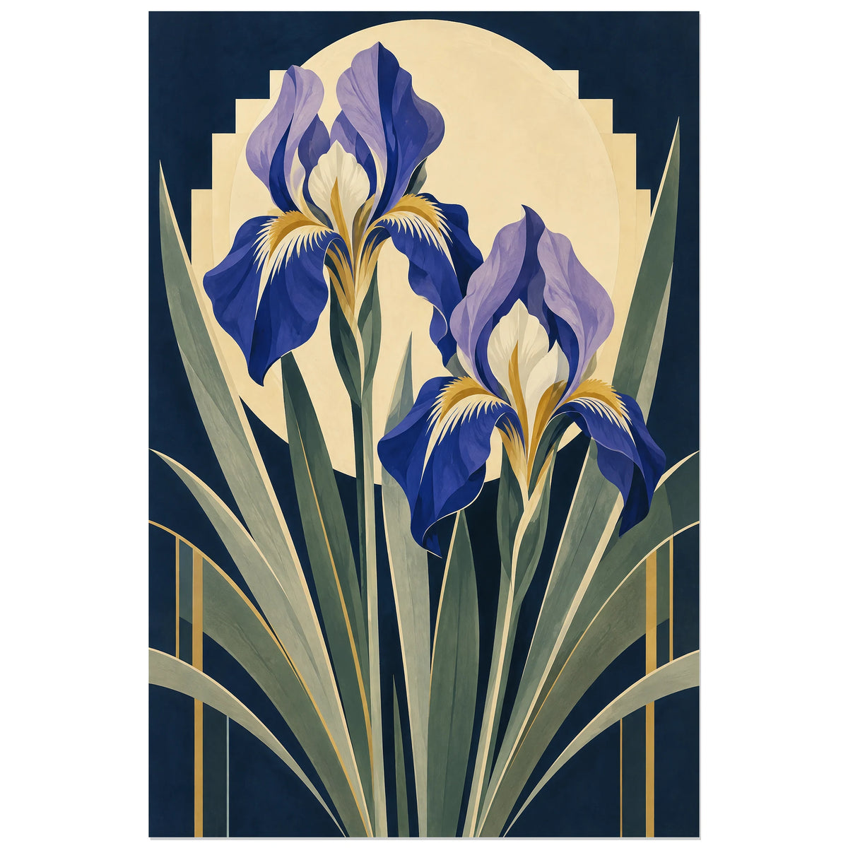 Affiche 40 × 60 cm : pétales cobalt et lavande avec cœurs ivoire et ocre doré