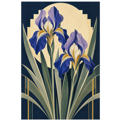 Affiche 40 × 60 cm : pétales cobalt et lavande avec cœurs ivoire et ocre doré