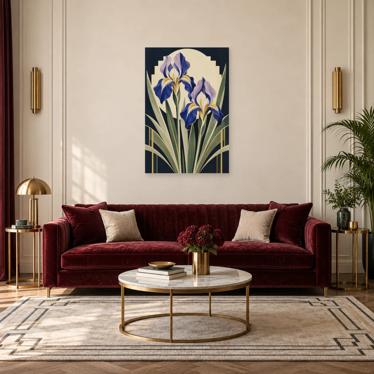 Affiche Art déco - Iris cobalt et or dans un salon - Art Virtuoso