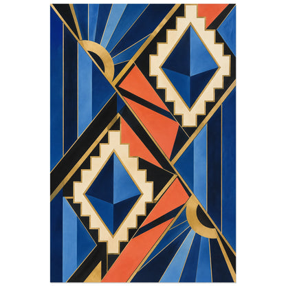 Affiche 60 × 90 cm : bandes obliques corail et noires entre deux motifs à losanges