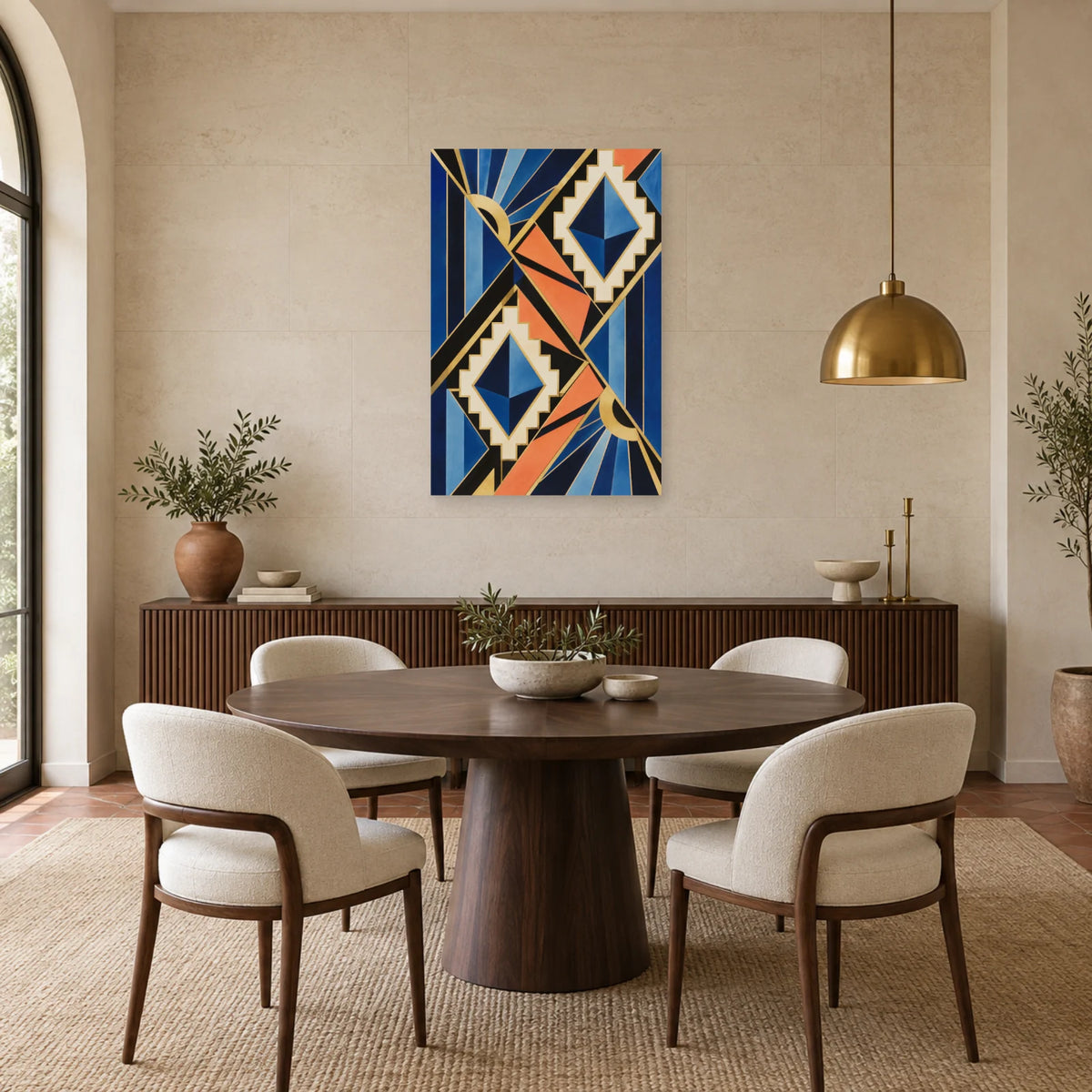 Affiche Art déco - Losanges saphir et corail dans une salle à manger - Art Virtuoso