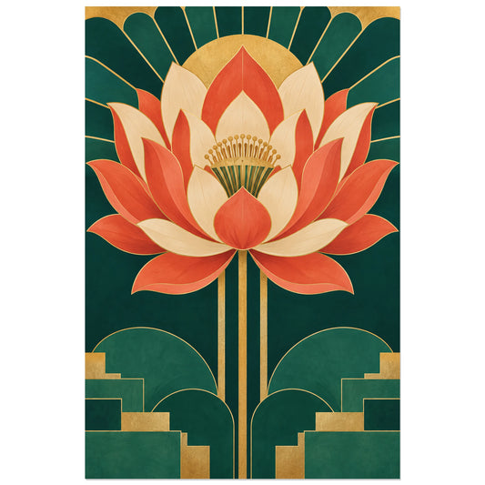 Vue du format 30 × 45 cm : lotus frontal corail et ivoire aux lignes rayonnantes vertes