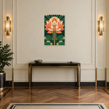 Affiche Art déco - Lotus corail rayonnant dans une entrée ou un couloir - Art Virtuoso