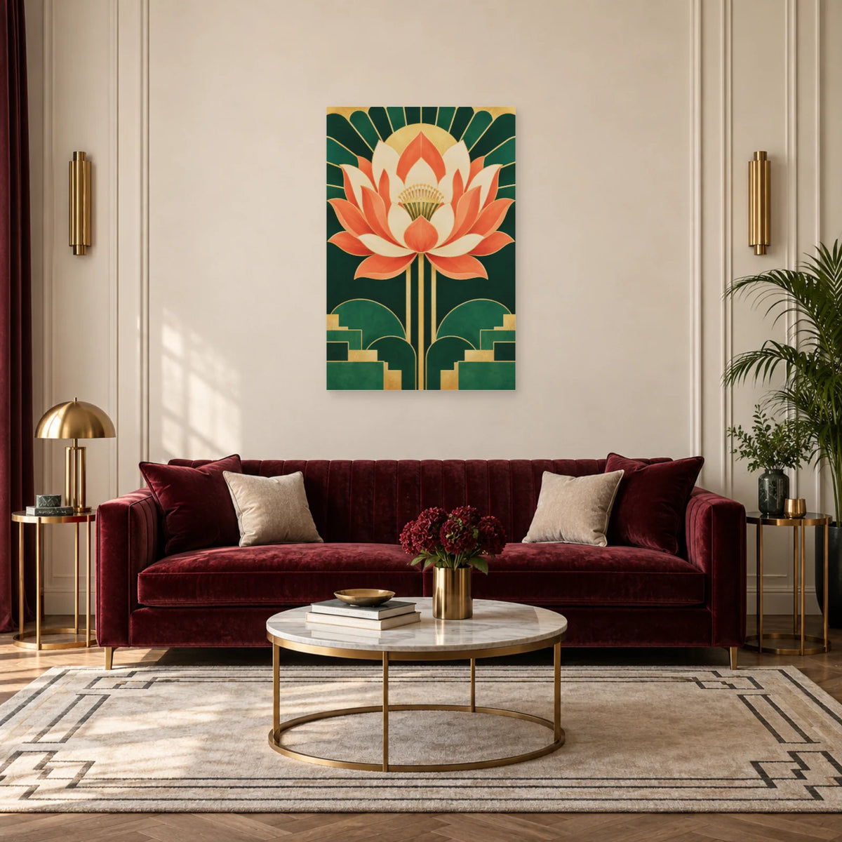 Affiche Art déco - Lotus corail rayonnant dans un salon - Art Virtuoso