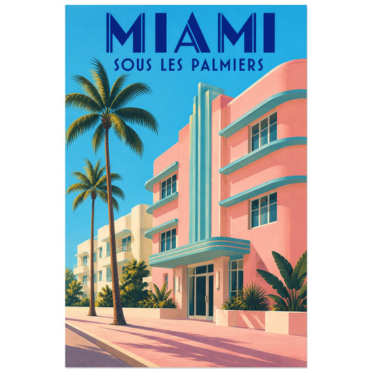 Affiche 30 × 45 cm : rue pastel avec palmiers à gauche et grand bâtiment rose arrondi à droite