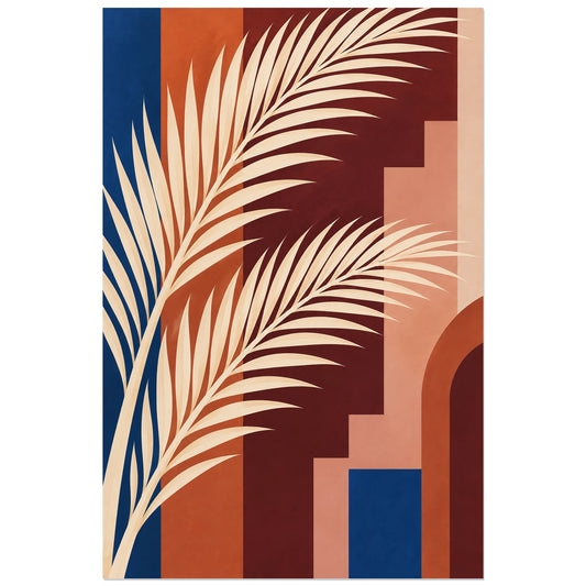 Vue du format 30 × 45 cm : longues feuilles de palme ivoire sur fond terracotta