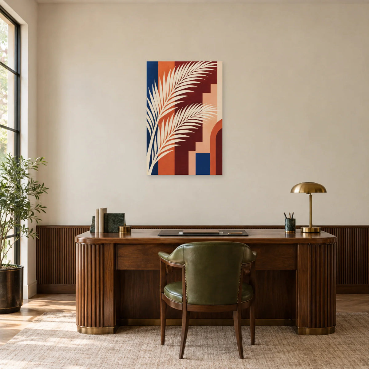Affiche Art déco - Palmes ivoire et terracotta dans un bureau - Art Virtuoso