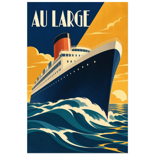Affiche 30 × 45 cm : paquebot illustré vu en contre-plongée, coque sombre et ponts ivoire