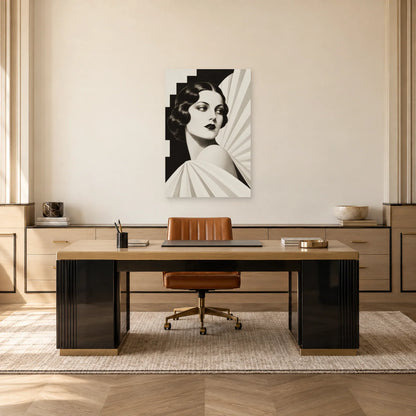 Affiche Art déco - Portrait noir et blanc aux plis en éventail dans un bureau - Art Virtuoso