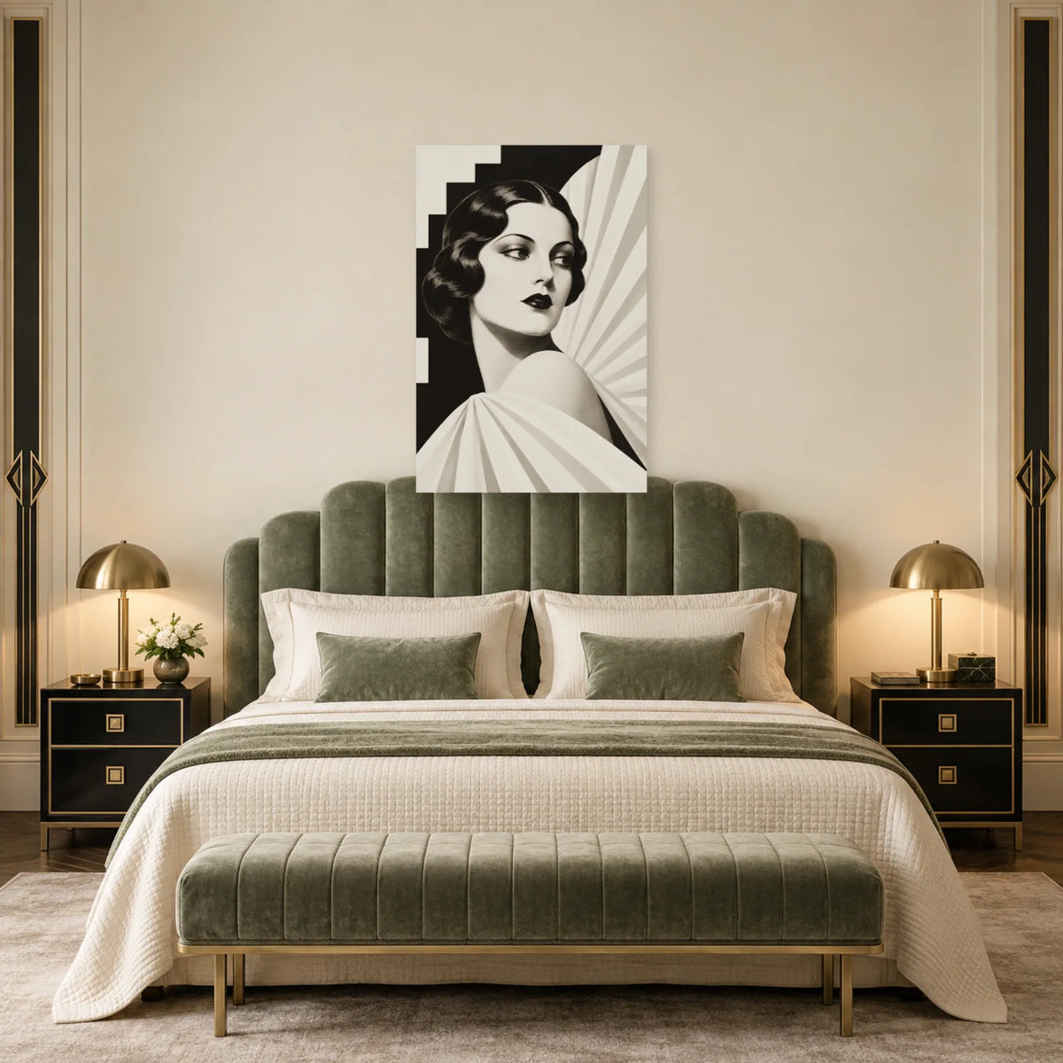 Affiche Art déco - Portrait noir et blanc aux plis en éventail dans une chambre - Art Virtuoso