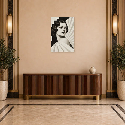 Affiche Art déco - Portrait noir et blanc aux plis en éventail dans une entrée ou un couloir - Art Virtuoso