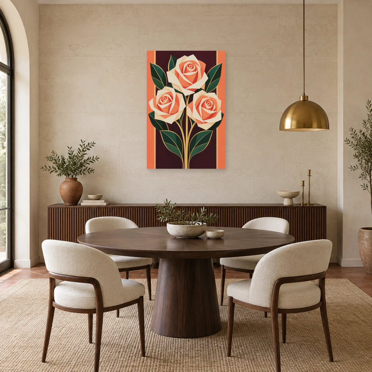Affiche Art déco - Roses en spirales ivoire dans une salle à manger - Art Virtuoso