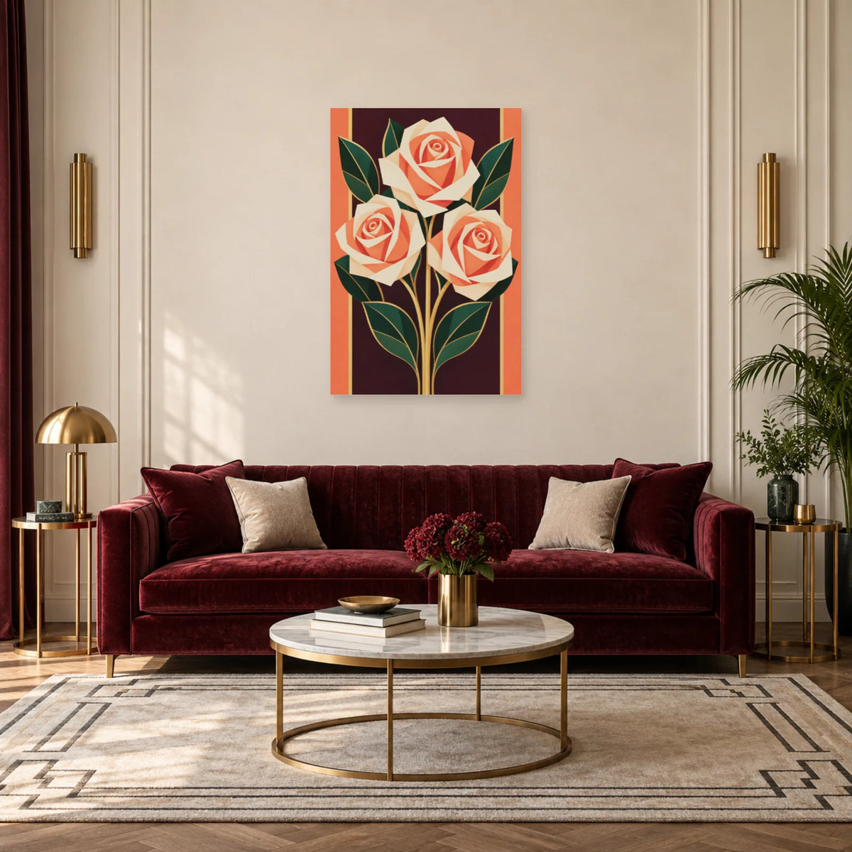 Affiche Art déco - Roses en spirales ivoire dans un salon - Art Virtuoso