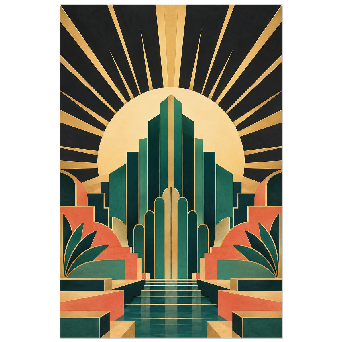 Affiche 30 × 45 cm : gradins verts symétriques devant un disque solaire clair