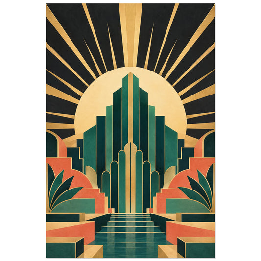Affiche 30 × 45 cm : gradins verts symétriques devant un disque solaire clair