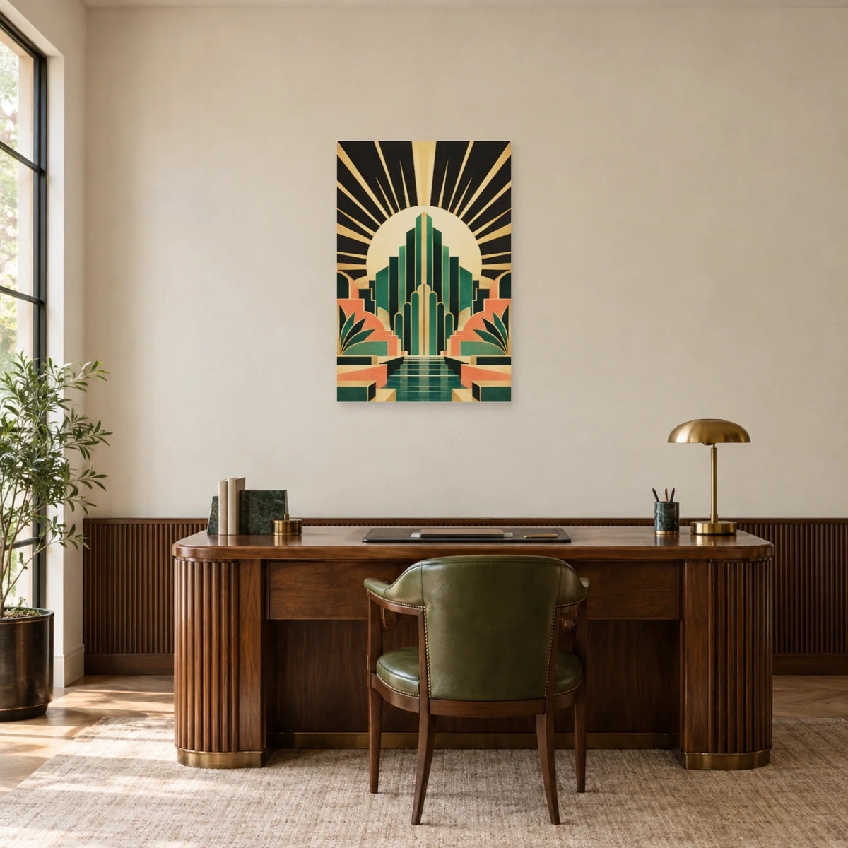 Affiche Art déco - Soleil et gradins émeraude dans un bureau - Art Virtuoso