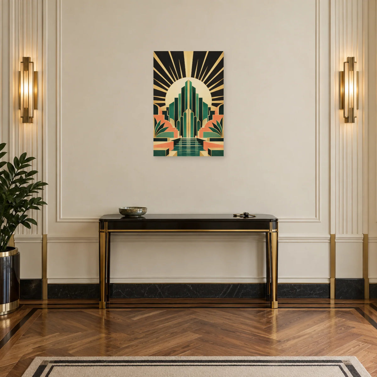 Affiche Art déco - Soleil et gradins émeraude dans une entrée ou un couloir - Art Virtuoso