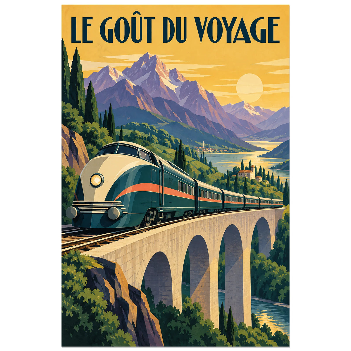 Affiche 60 × 90 cm : paysage ferroviaire Art déco aux montagnes violettes et au titre LE GOÛT DU VOYAGE